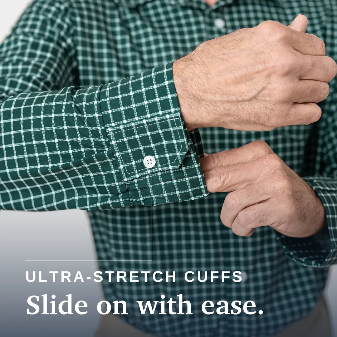 ["Close-up of a man's hands adjusting the cuff of a green and white checkered long-sleeve shirt, demonstrating the ultra-stretch cuff feature. White text at the bottom reads 'ULTRA-STRETCH CUFFS Slide on with ease. Joe & Bella Everyday Magnetic Button-Down for Men | Relaxed-Fit", "Green Check"]