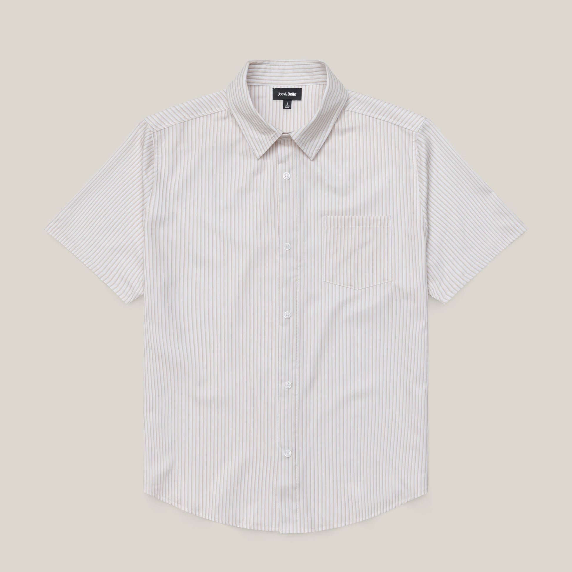 ["Short-sleeve striped shirt on a beige background ", "Tan Stripe"]