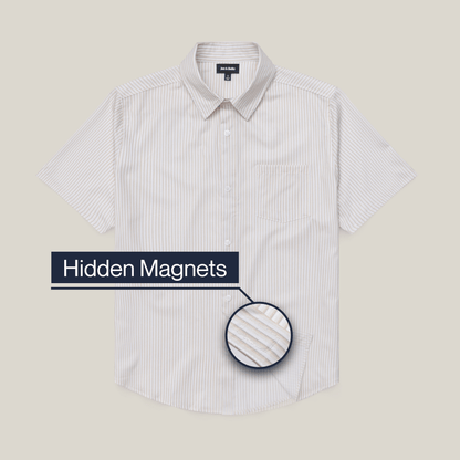 White shirt with black stripes on a beige background, featuring text 'Hidden Magnets'.  #Tan Stripe