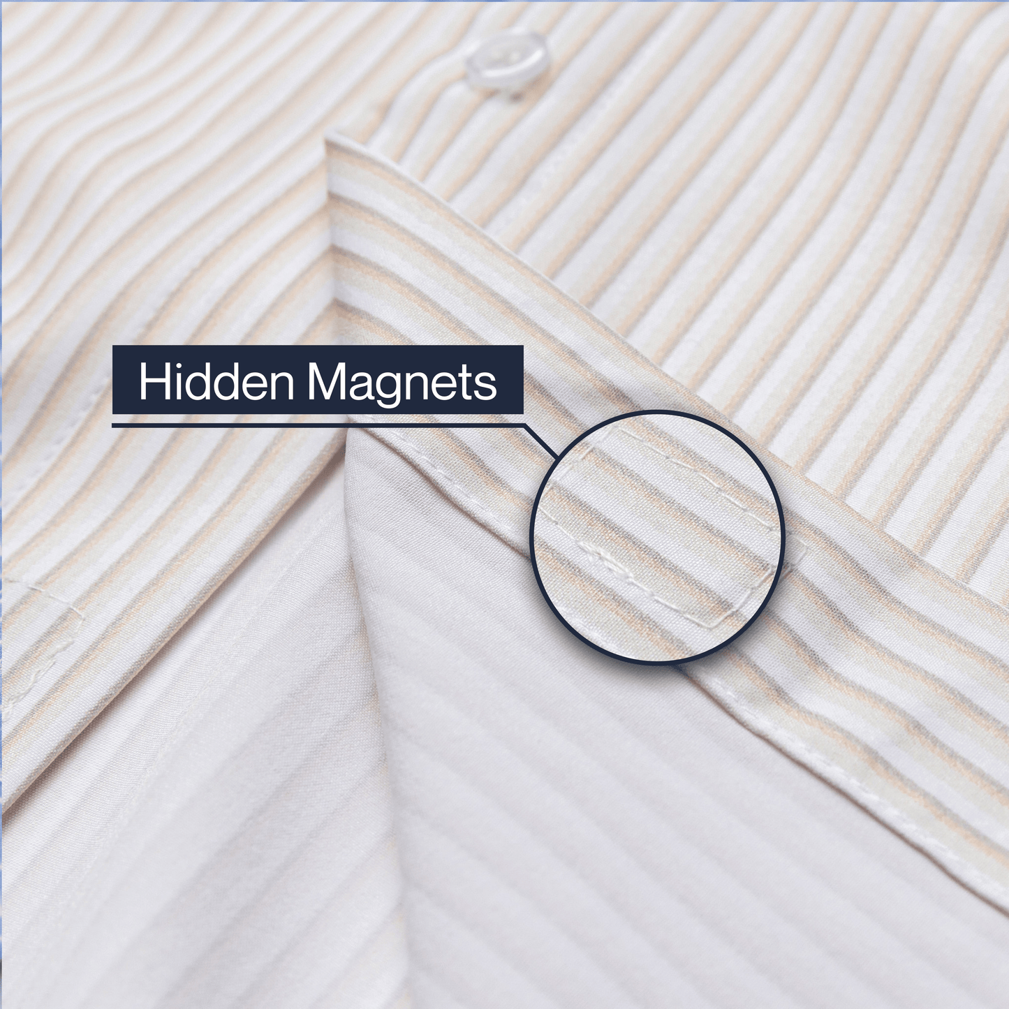 Close-up of a fabric with hidden magnets labeled, showing a magnified section.  #Tan Stripe