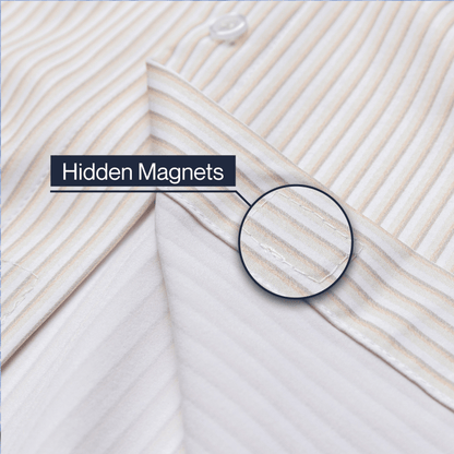 Close-up of a fabric with hidden magnets labeled, showing a magnified section.  #Tan Stripe
