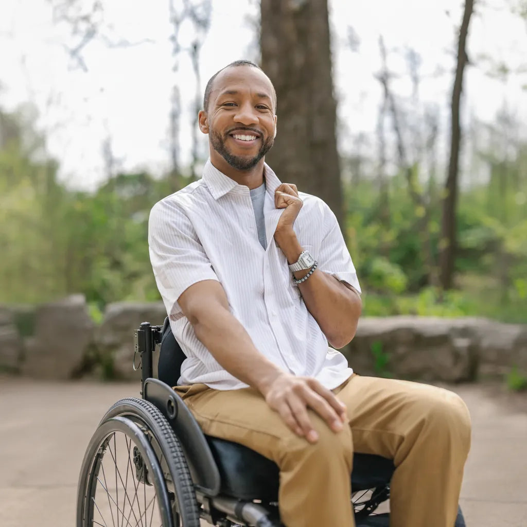 ["Man in a wheelchair sitting outdoors with trees in the background ", "Tan "]
