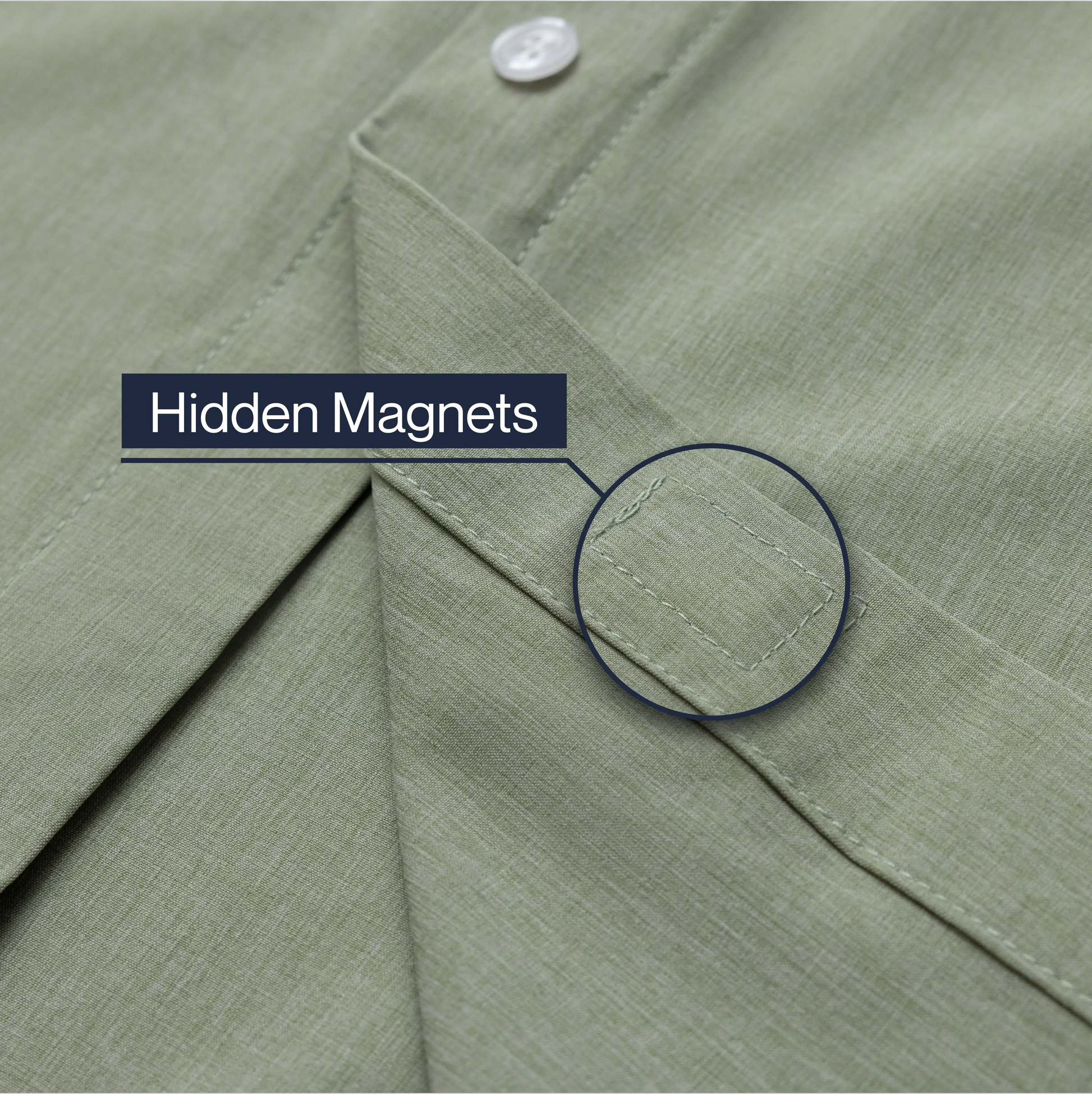 ["Close-up of a green shirt with a button and text indicating 'Hidden Magnets'. ", "Green"]