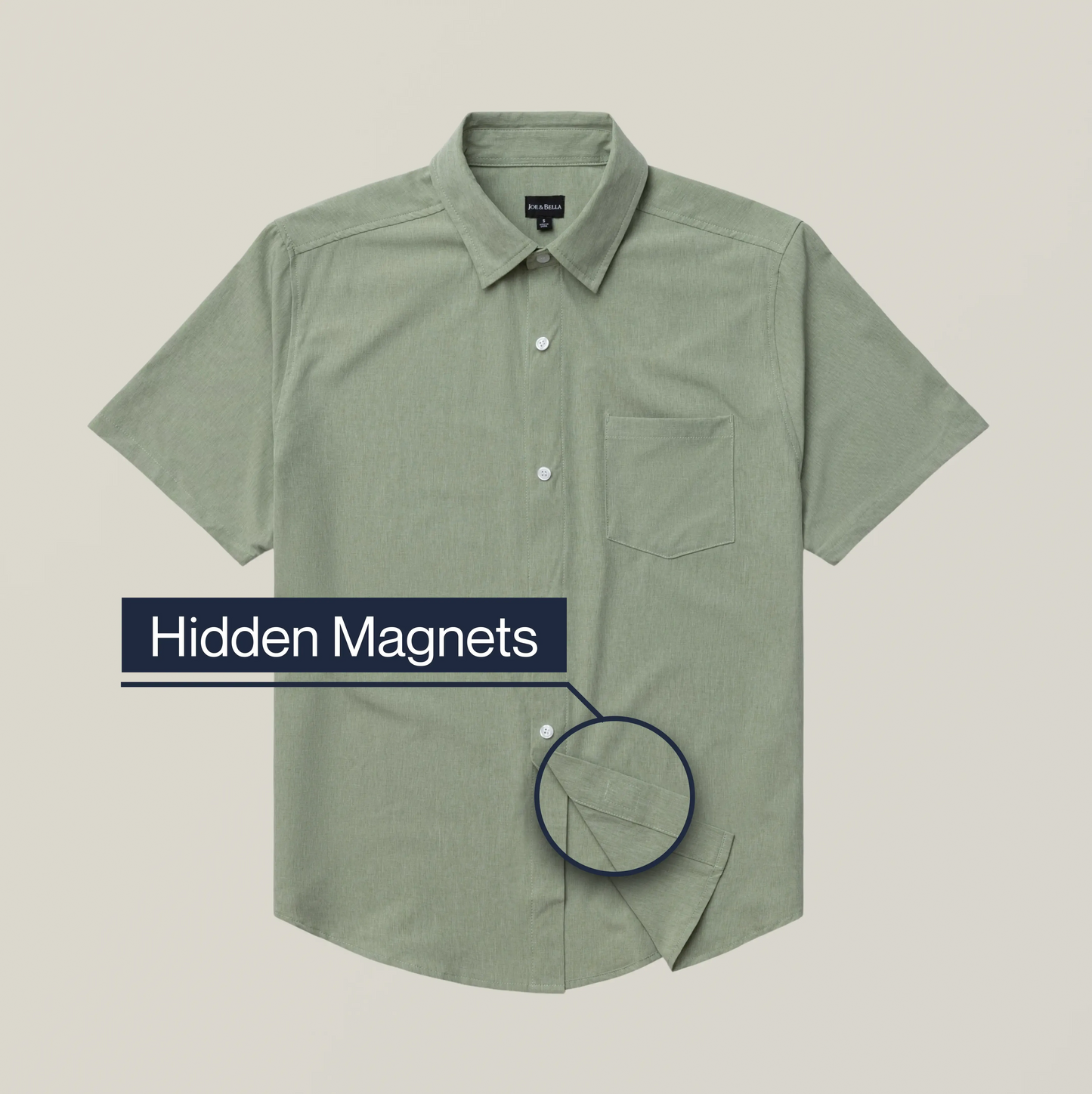Green shirt with a focus on 'Hidden Magnets' feature on a beige background #Green