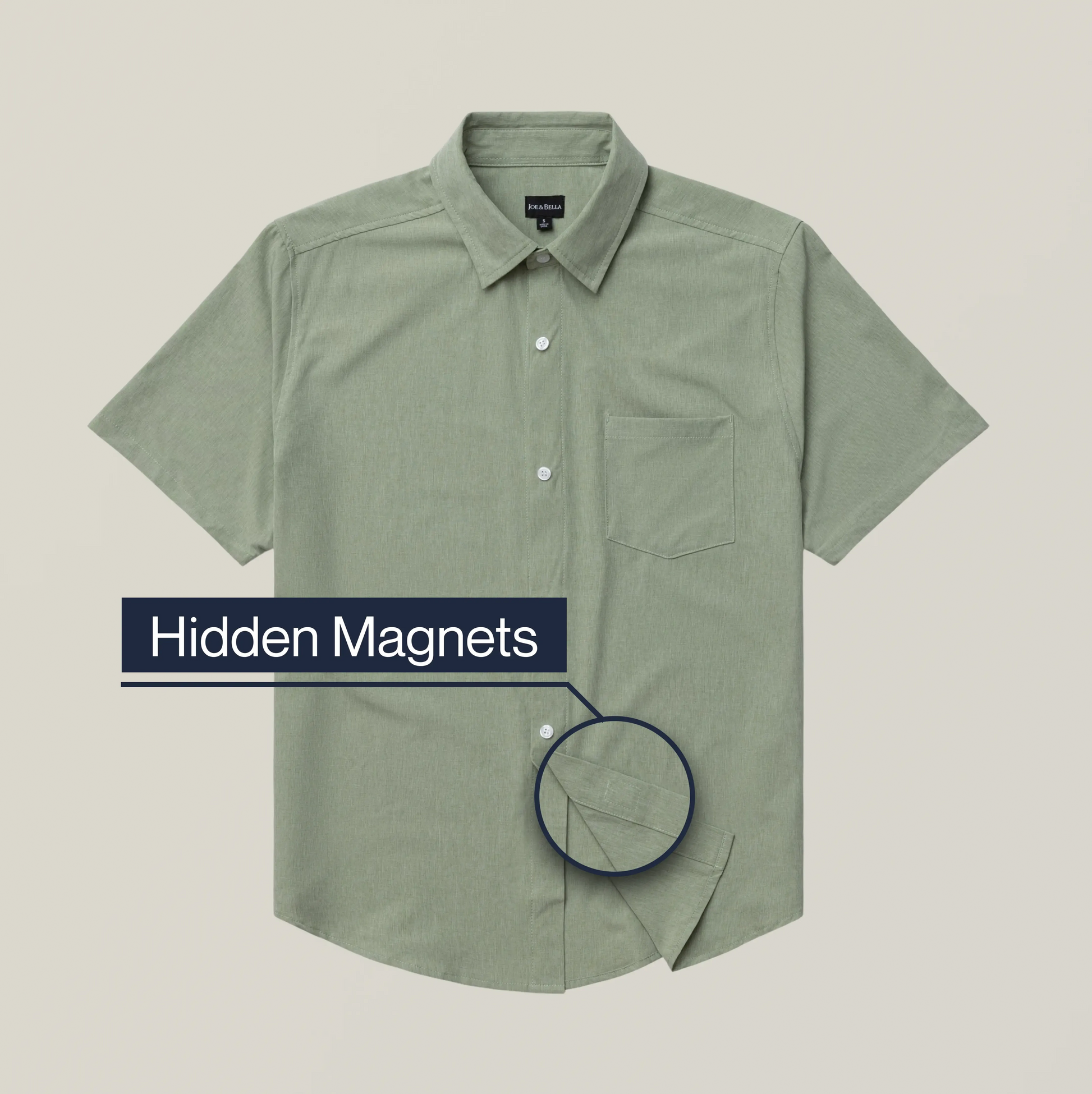 ["Green shirt with a focus on 'Hidden Magnets' feature on a beige background ", "Green"]