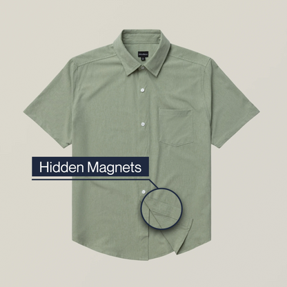 Green shirt with a focus on 'Hidden Magnets' feature on a beige background #Green