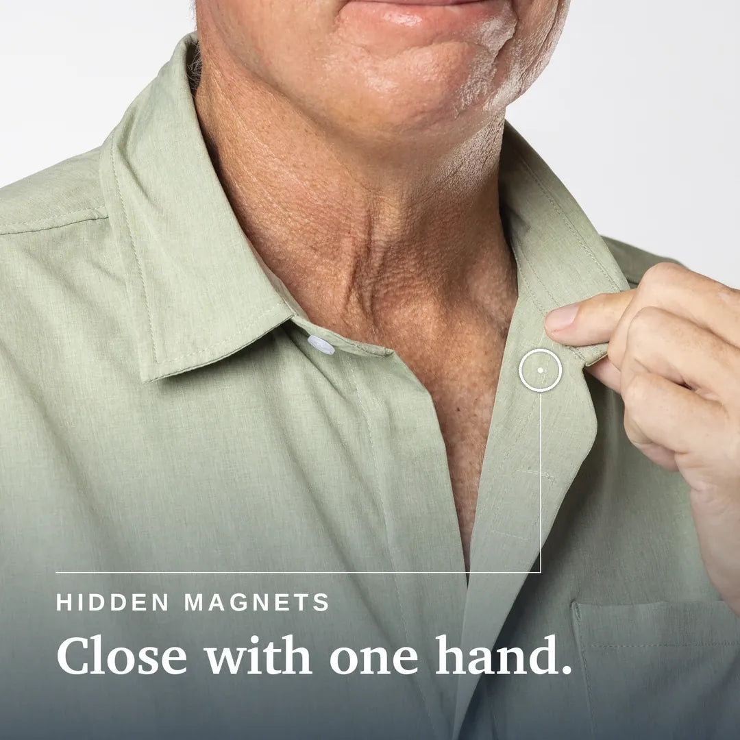 ["Green short-sleeve shirt on a beige background ", "Sage Green"]