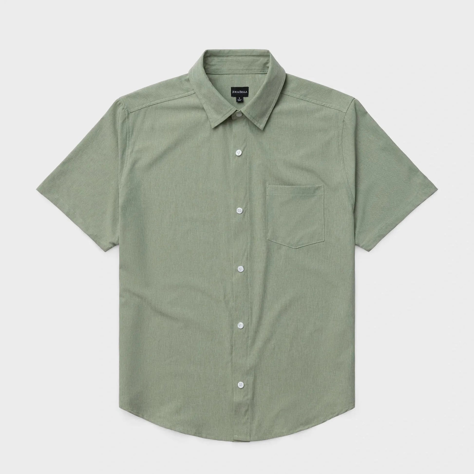 ["Green short-sleeve shirt on a beige background ", "Sage Green"]
