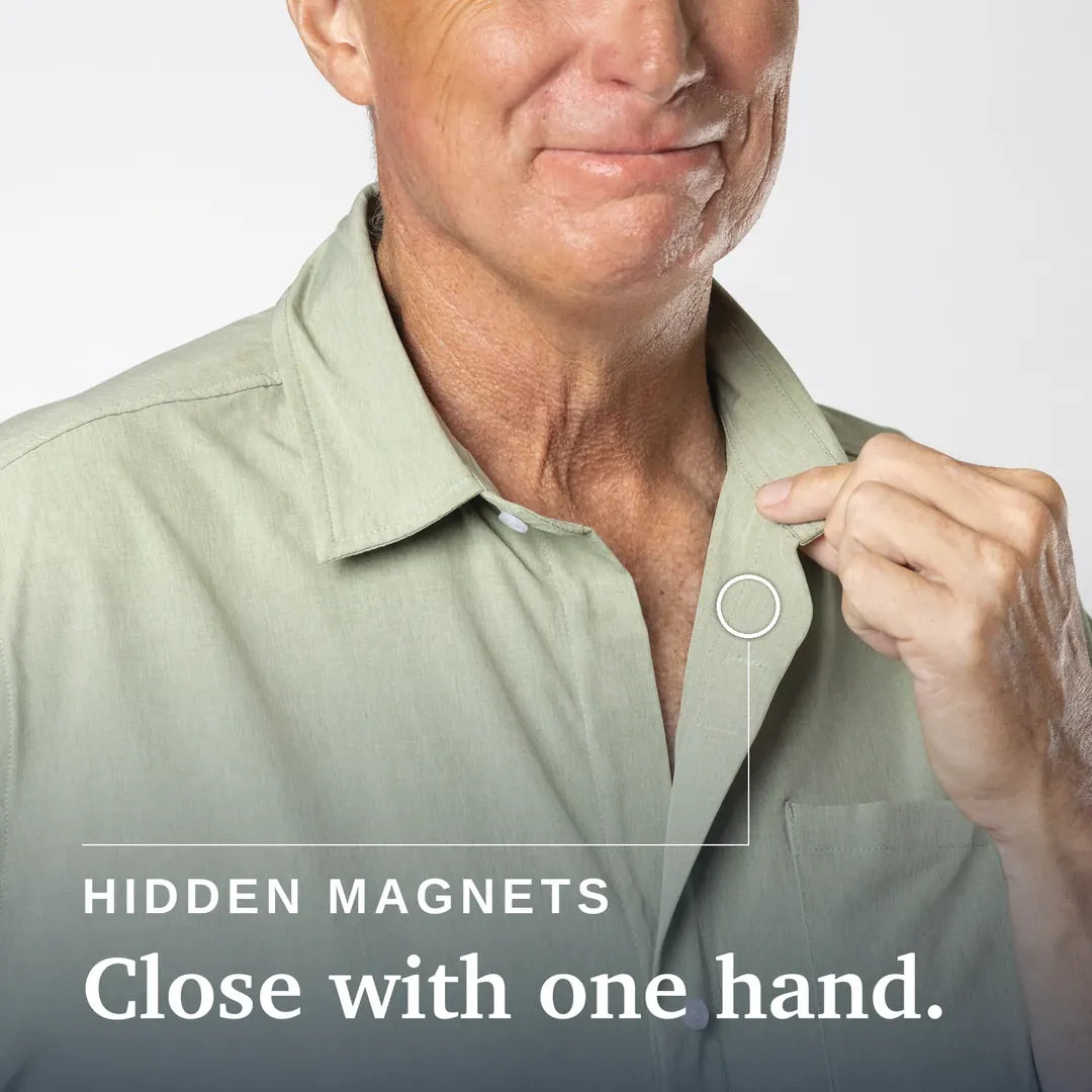["Green short-sleeve shirt on a beige background ", "Sage Green"]