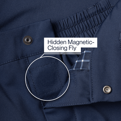 Navy blue pants with a hidden magnetic closing fly feature highlighted. #Navy