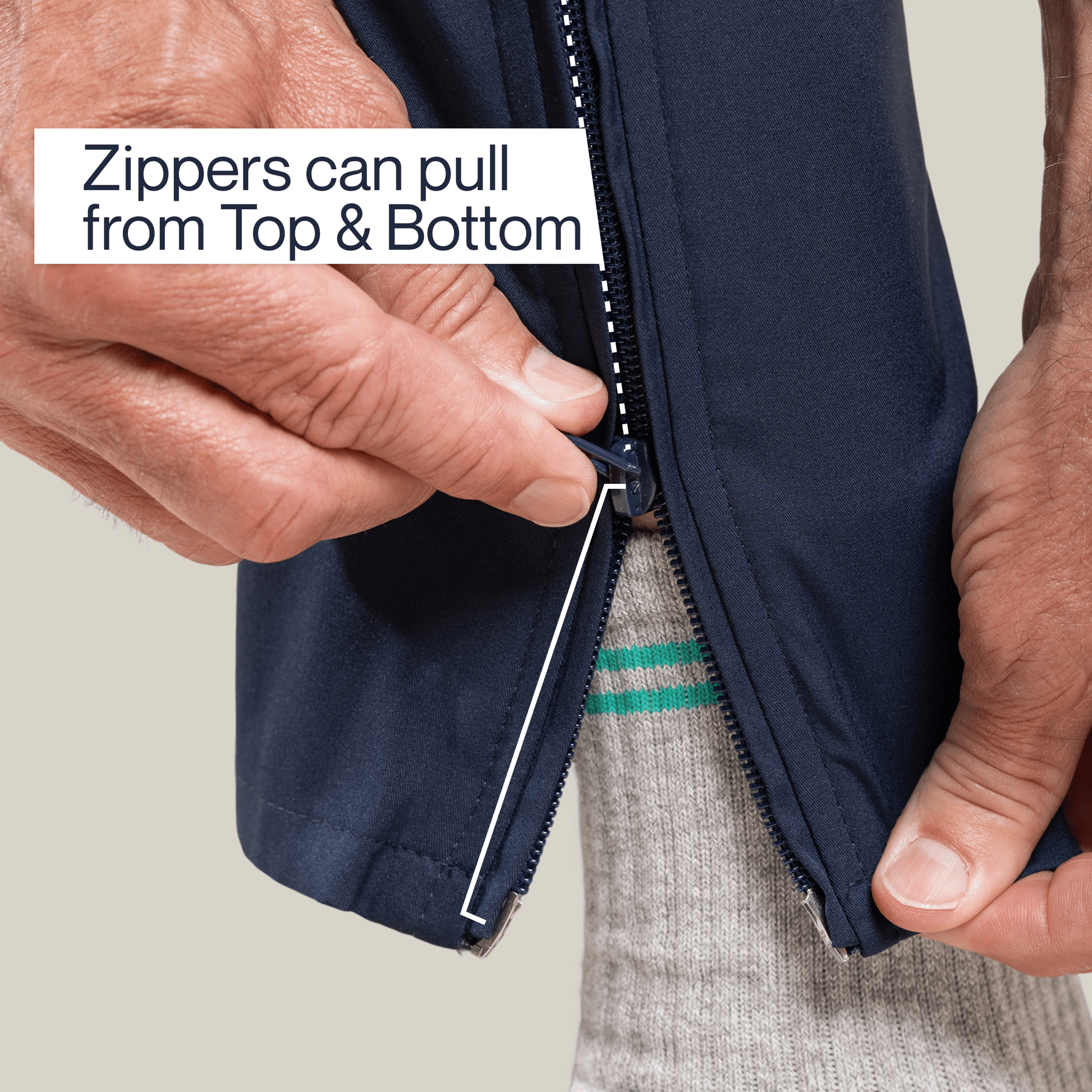["Person zipping a navy jacket with text indicating zippers can pull from top and bottom. ", "Navy"]