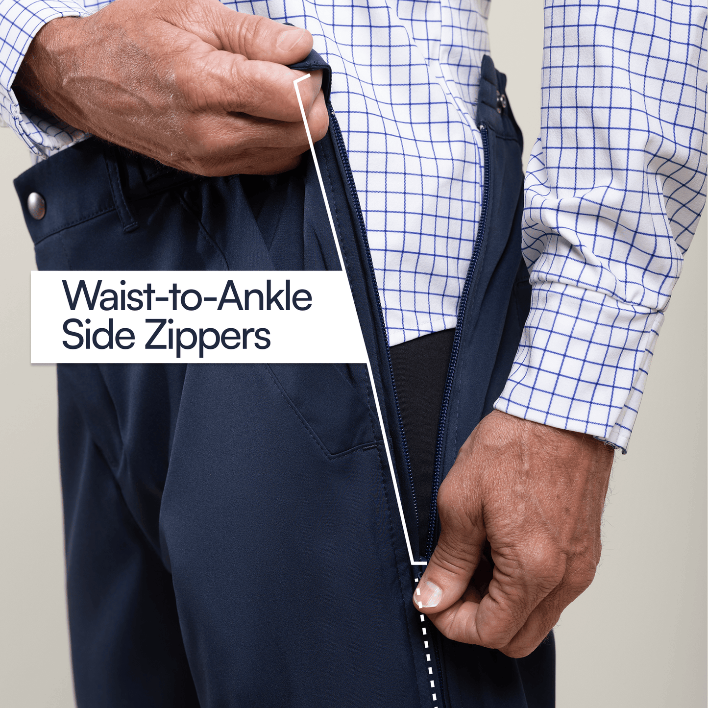 Person zipping a navy jacket with text 'Waist-to-Ankle Side Zippers' on a plain background #Navy