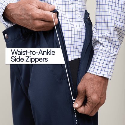 Person zipping a navy jacket with text 'Waist-to-Ankle Side Zippers' on a plain background #Navy