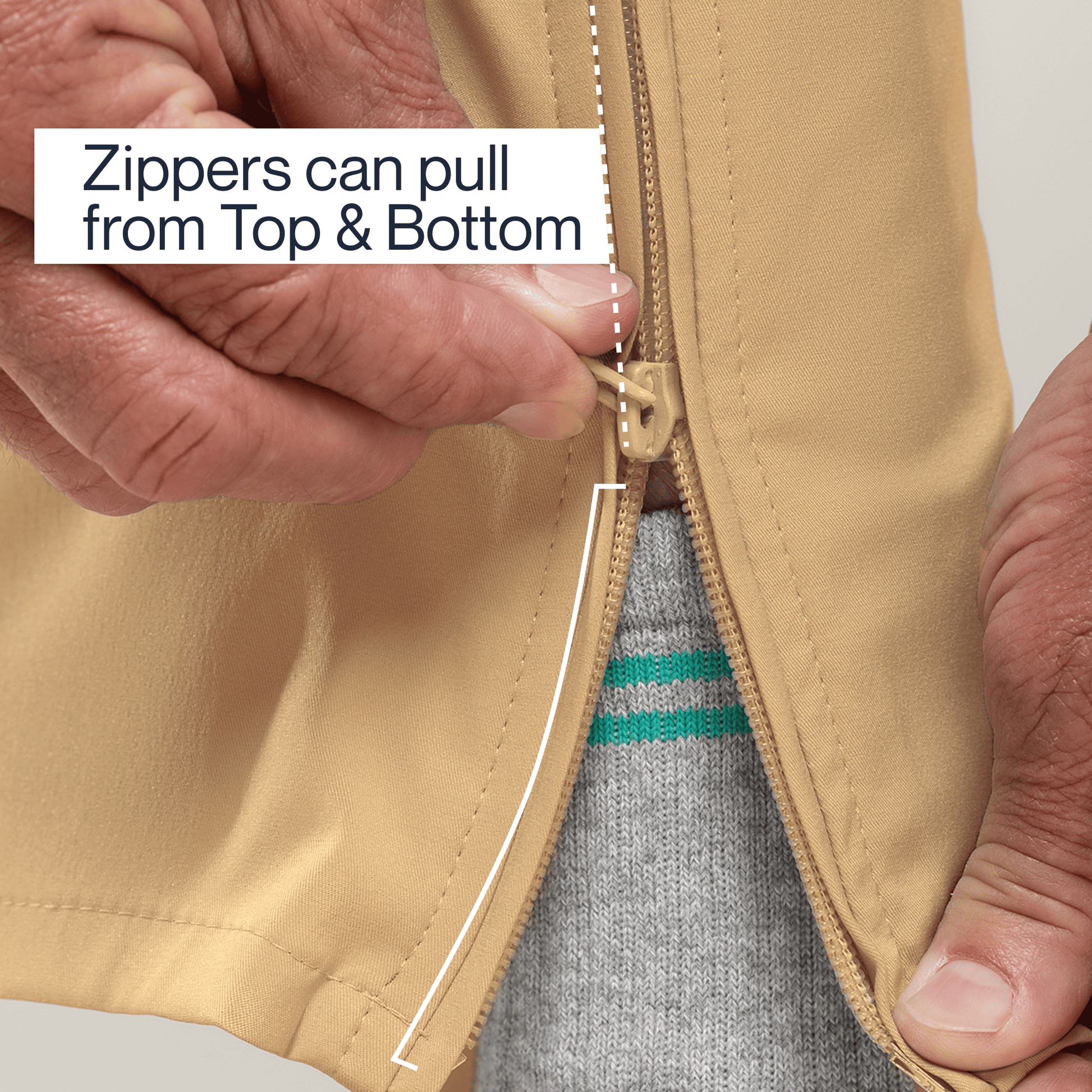 ["Close-up of a person zipping up a brown jacket with text indicating zippers can pull from top and bottom. ", "Khaki"]