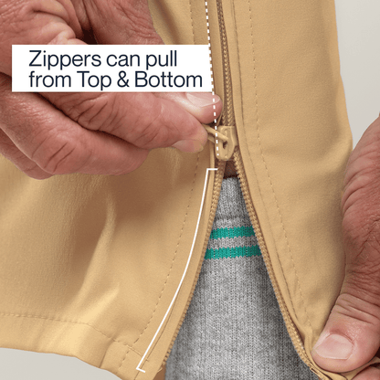 Close-up of a person zipping up a brown jacket with text indicating zippers can pull from top and bottom. #Khaki
