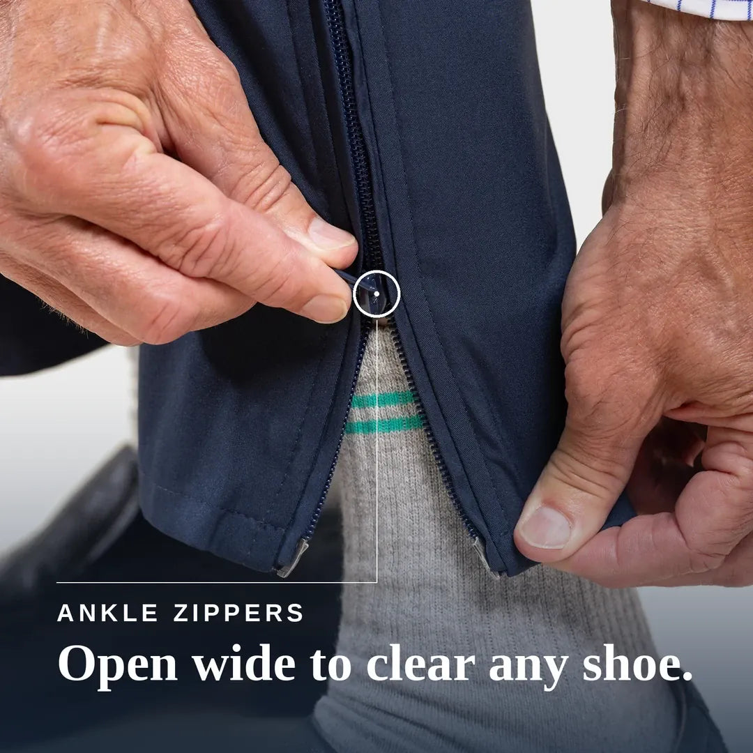 Close-up of a person's hands opening a navy ankle zipper on the side of a shoe, with a gray sock visible and the text 'ANKLE ZIPPERS Open wide to clear any shoe.'. #Navy