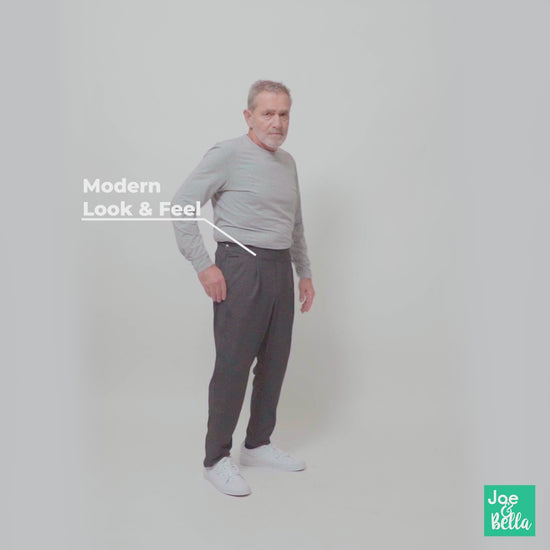 Video of the functional and stylish Everyday Freedom Adaptive Pants for men with disabilities - available in Charcoal, Navy, Olive, and Khaki