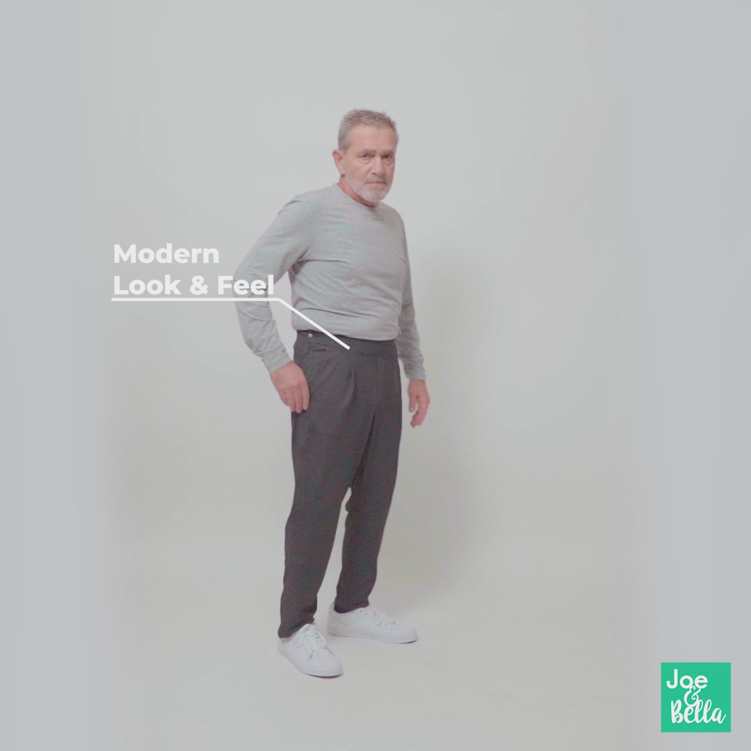 ["Video of the functional and stylish Everyday Freedom Adaptive Pants for men with disabilities - available in Charcoal, Navy, Olive, and Khaki"]