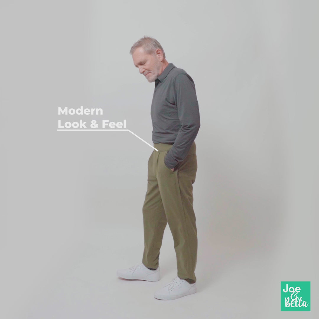 Video of the easy-to-dress Everyday Freedom Adaptive Pants for men with disabilities - available in Charcoal, Navy, Olive, and Khaki